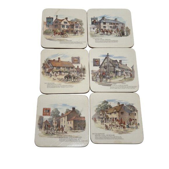 Vintage Clover Leaf Olde Inns 6 Table Mats and Coasters Pubs Cork Backs Jamaica - Picture 3 of 6